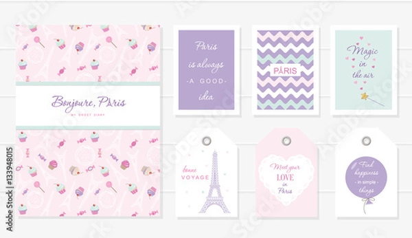 Fototapeta Love in Paris design. Notebook, cards and tags cute templates set. Honey moon, Valentine s, french bakery . Included seamless pattern with Eiffel tower sweets - cupcakes, candies.