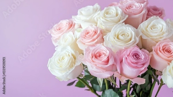Obraz White and blush roses arranged delicately for a wedding, displayed beautifully on a soft pastel purple background.