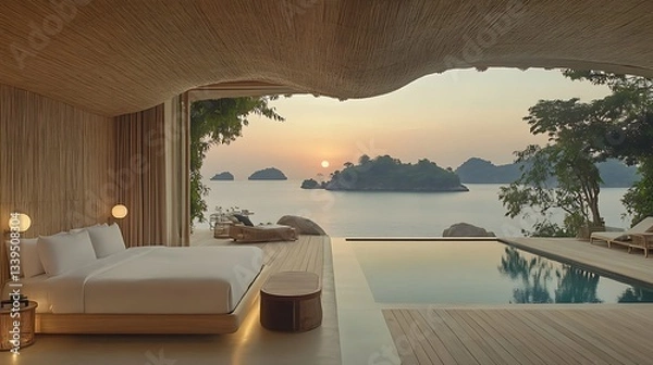 Fototapeta Oceanfront bedroom with private pool and sunset view.