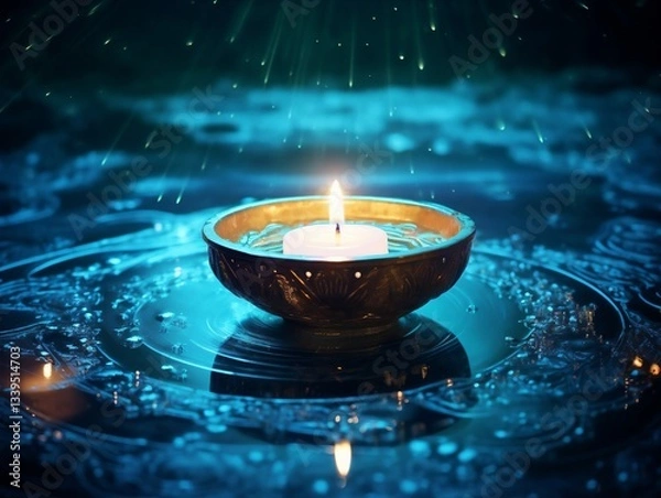 Fototapeta Dreamlike underwater ambiance, delicate sound of water droplets recorded near a small bowl of rippling water, soft blue lighting, healing sounds meditation