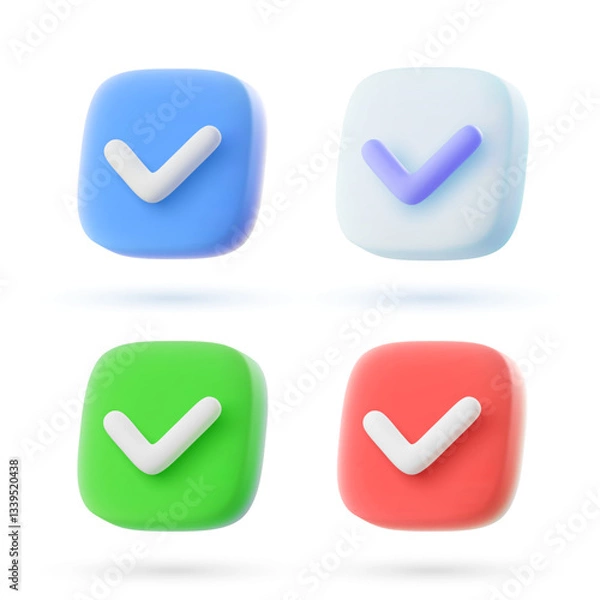 Fototapeta Set of 3d vector check mark icons in cartoon minimal style.