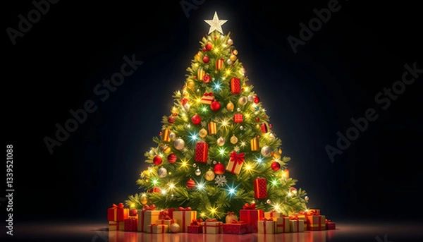 Obraz A huge Christmas tree with bright lights and presents , with white tonespng