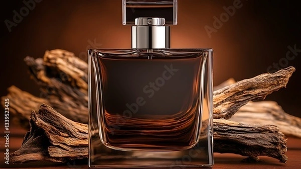 Obraz Perfume bottle with wood scent background use advert