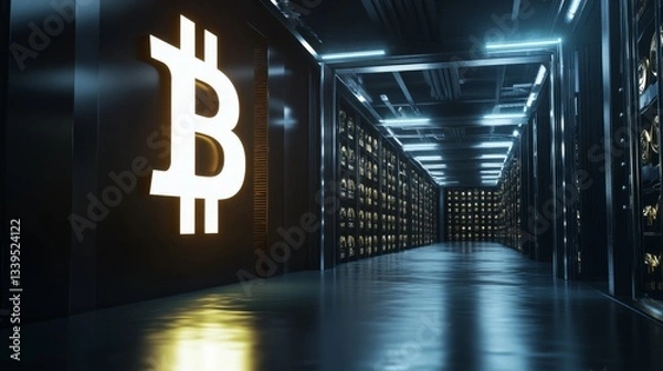 Obraz Digital vault with bitcoin symbols, epresenting advanced financial technology and  Bitcoin mining facility