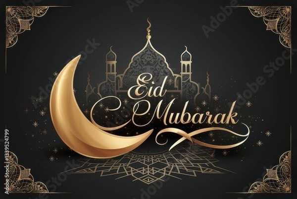 Obraz Eid Mubarak greeting card, golden crescent moon, ornate mosque silhouette, intricate Islamic patterns, stars, black and gold color scheme, elegant calligraphy, festive design, luxurious, celebratory