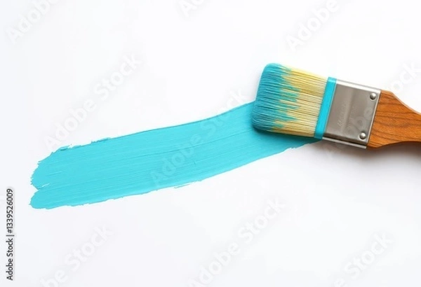 Fototapeta A vibrant turquoise paint stripe, freshly applied, with a paintbrush resting on pristine white,  aqua,  vivid