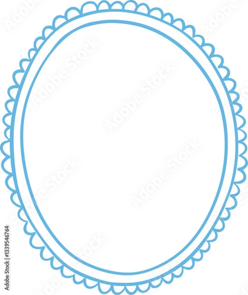 Fototapeta Oval decorative vector frame with scalloped edge. Romantic clipart element in hand-drawn style. Isolated decoration in blue color.