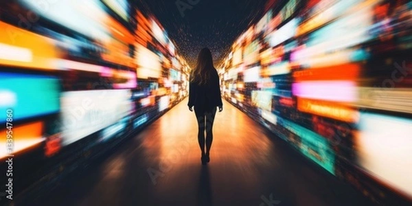 Fototapeta Immersive Digital Transformation Blurred Motion Journey Through Futuristic Data Corridor - Next-Gen Tech Innovation and Experiential Marketing Visualization