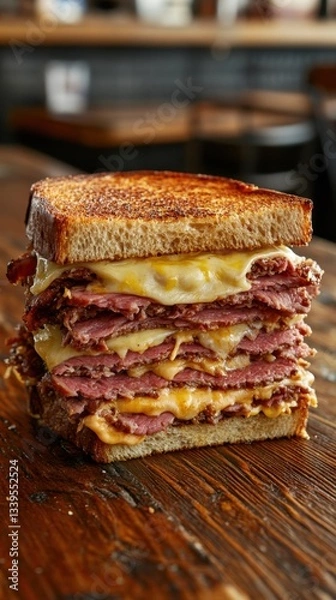 Fototapeta Mouthwatering pastrami sandwich with melted cheese on toasted bread in a restaurant setting close up