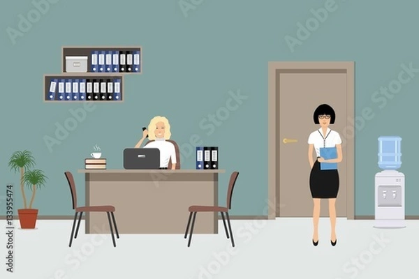 Fototapeta Web banner of an office workers. The young women are an employees at work. There is a beige furniture, brown chairs, shelves with folders, a water cooler in the picture. Vector illustration
