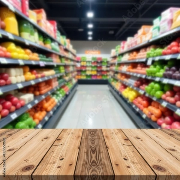 Fototapeta Rustic wood tabletop, blurred supermarket aisle backdrop, top, supermarket, scene
