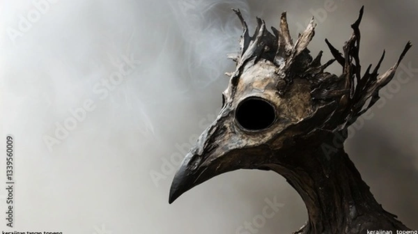 Fototapeta A plague doctor mask made of wood with a long beak and dark eye sockets. Smoke emanates from the mask against a soft background.