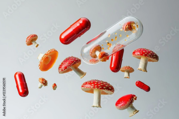 Obraz A mesmerizing and captivating image of floating mushrooms and colorful capsules, symbolizing both nature and science