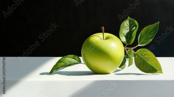 Fototapeta Close-up of a vibrant green apple with fresh leaves, isolated on a clean white backdrop.