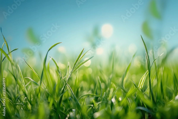 Obraz Vibrant grass blades dancing in the breeze under a sunlit sky, creating a serene natural atmosphere.