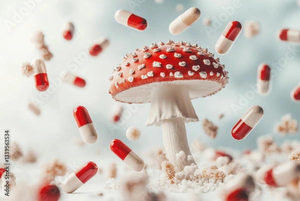 Obraz A striking imagery of a red mushroom amidst floating capsules, symbolizing the fusion of nature and medicine.