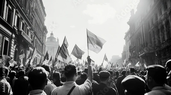 Obraz black-and-white photograph commemorating ve-day showcasing vintage street scene filled with joyous people waving flags