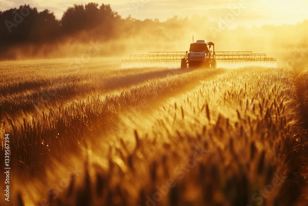 Obraz A serene moment depicting a tractor meticulously spraying crops during the enchanting golden hour in a vast field