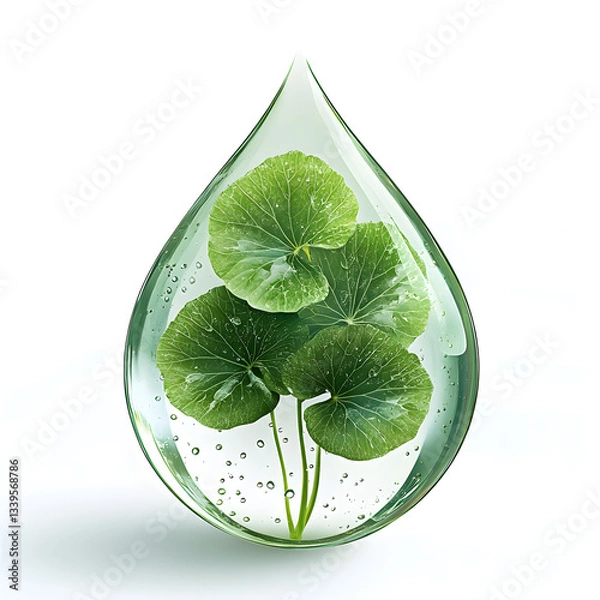 Obraz Green centella asiatica leaves floating in water drop promoting natural skincare