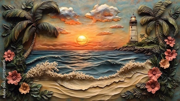 Obraz 3D relief, bas-relief art style, tropical beach sunset with palm trees and flowers in the foreground, ocean waves, green plants surrounding the artwork.