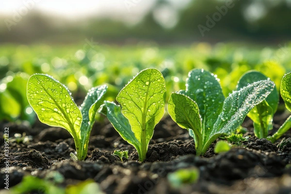 Obraz Lettuce seedlings bask in warm sunlight, adorned with dew, symbolizing growth and vitality in nature