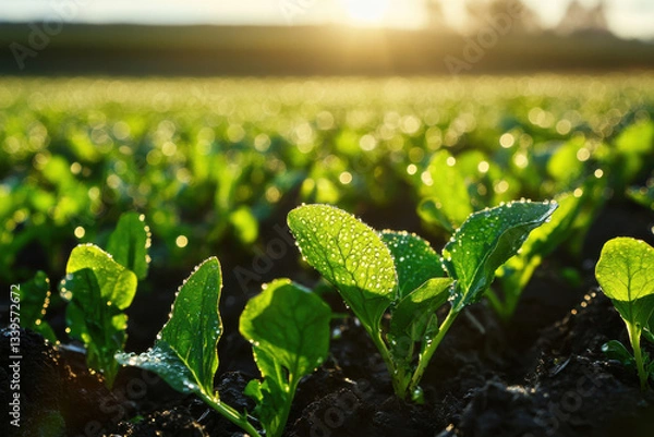 Obraz In a sunlit field, fresh green lettuce plants are glistening with morning dew, creating a vibrant scene