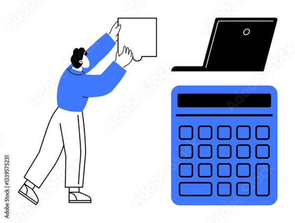 Fototapeta Person fitting puzzle piece with large laptop and calculator, representing problem-solving, analysis, project planning, strategy, teamwork, innovation, and organization. Ideal for flat simple