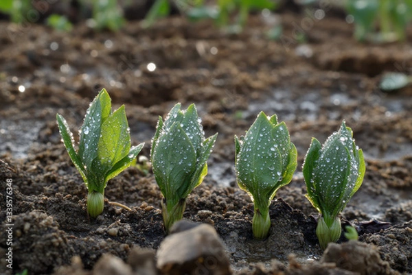 Obraz New sprouts, adorned with sparkling dew, emerge from the nourishing soil, symbolizing growth and renewal in nature