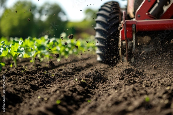 Obraz Closeup of a massive tractor tilling rich soil in a lush green field, showcasing key agricultural activity