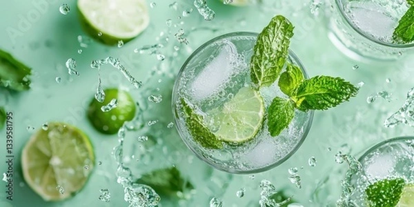 Fototapeta Floating mojito with fresh mint and lime splashes on a pastel green background