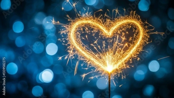 Fototapeta Sparkling Heart Shaped Firework Against Blue Bokeh