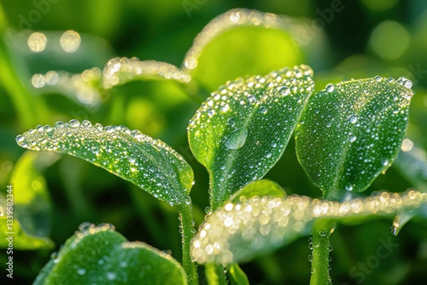 Obraz A stunning closeup of vibrant green leaves, each adorned with glistening morning dew droplets sparkling in the light