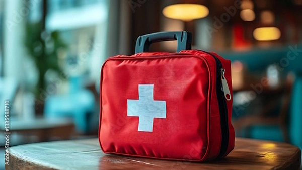 Fototapeta A red first aid kit sits on a table, in front of a blurred, indoor background. The kit has a white cross in the center.