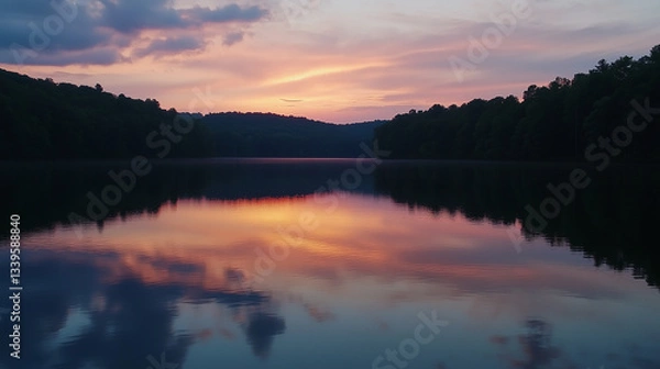 Fototapeta Serene smooth glass-like lake surface reflecting changing skies and ethereal light for breathtaking tranquility absolutely