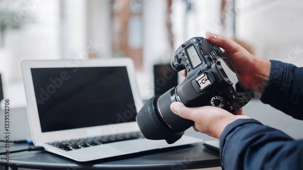 Obraz Photographer reviewing photos on professional digital camera after photoshoot, with laptop in background