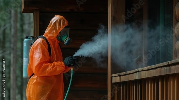 Fototapeta person dressed in an orange protective suit and mask is spraying a pesticide near a wooden cabin. image captures the mist from the spray and the lush greenery of the forest