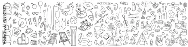 Fototapeta Hand drawn set of summer holiday elements, travel, drawn in doodle style. Illustration for banner, background, icon, logo design. Vector