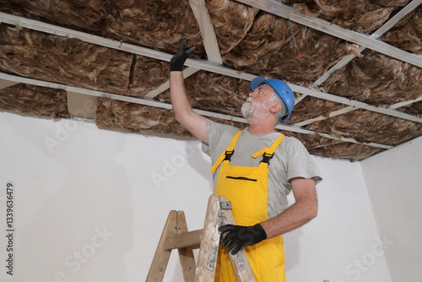 Fototapeta Senior adult worker placing  mineral wool insulation for energy efficiency to ceiling with aluminum construction