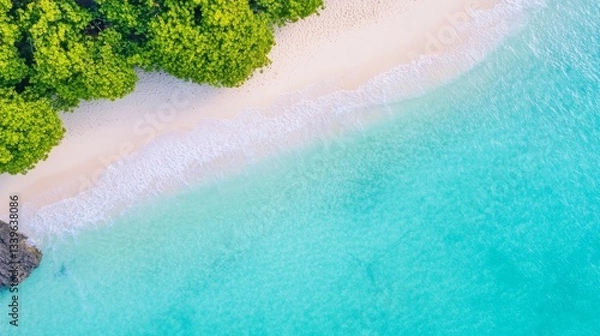 Fototapeta Coastal Serenity: Aerial Beach View - Tranquil beach scene, azure water, white sand, lush greenery, summer vacation. Symbolizing peace, escape, paradise, relaxation, and nature