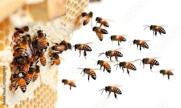 Fototapeta Bees working on honeycomb isolated on white
