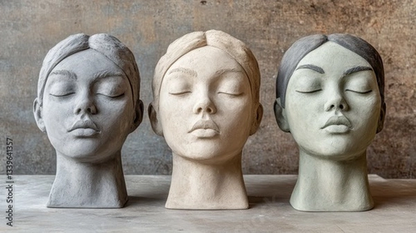 Obraz Three Sculpted Female Heads With Eyes Closed Displayed Together