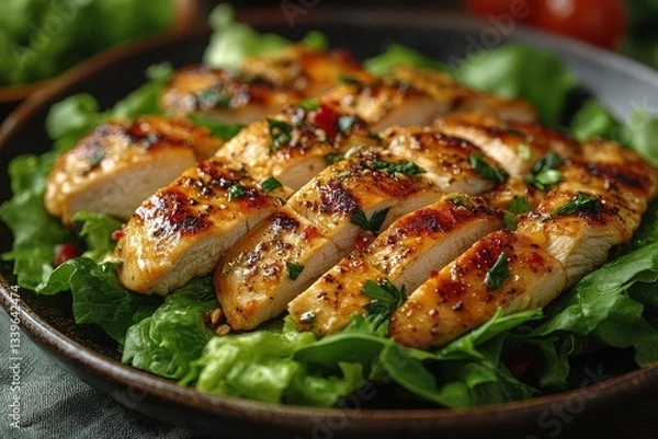 Fototapeta Tender Chicken Slices Served on a Bed of Fresh, Crisp Lettuce for a Healthy Meal Option Perfect for Any Occasion