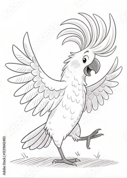 Fototapeta A cockatoo dancing with its crest raised, only outline for coloring, drawn as an outline sketch, only black lines, no colors, simple and clean for a children's coloring book.