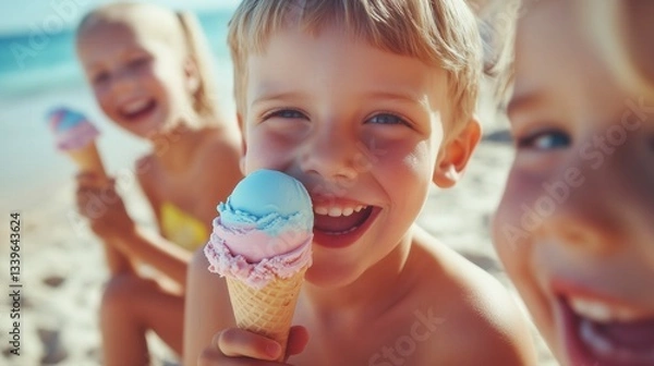 Obraz Close-up of happy kids enjoying colorful ice cream on a sunny beach at bright and cheerful summer day