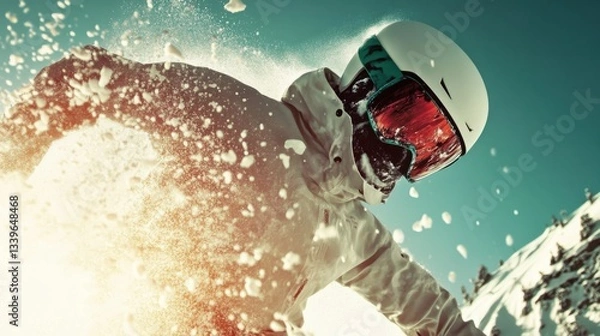 Fototapeta A dynamic snowboarder catches air while expertly carving through fresh powder, capturing the thrill and excitement of winter sports in a breathtaking snowy landscape.