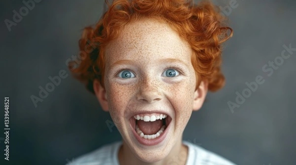Fototapeta A cheerful child beams with joy, showcasing bright eyes and curly red hair, embodying the innocence and happiness of childhood in a heartwarming close-up expression.