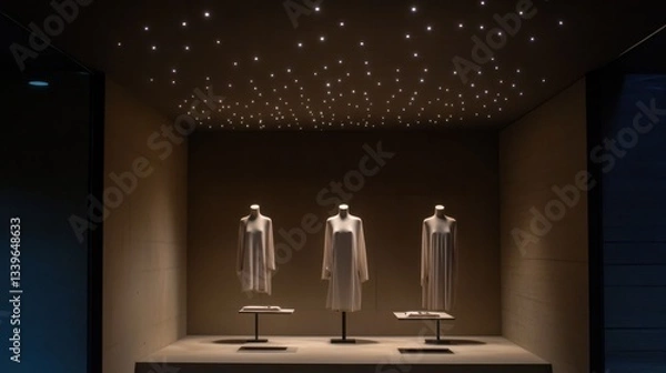 Fototapeta A stylish boutique display features elegant garments under soft lighting, creating a sophisticated ambiance that showcases contemporary fashion and design aesthetics.