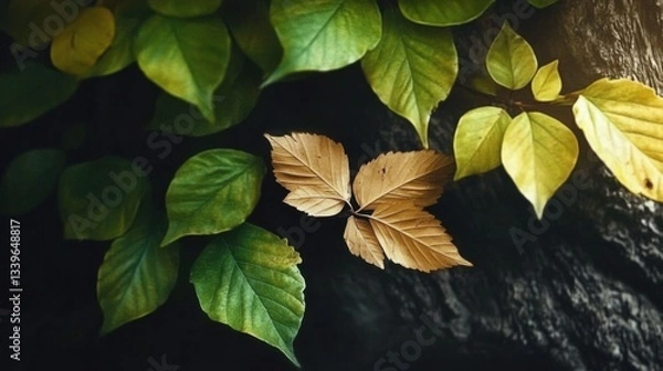 Fototapeta A captivating arrangement of diverse leaves showcases nature's beauty, highlighting the contrast between green and dried foliage in a serene and organic setting.