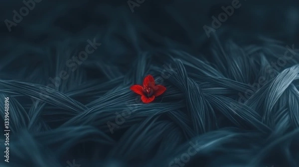Fototapeta This image captures a striking red flower set against a rich, dark foliage background, presenting a beautiful contrast that symbolizes resilience and beauty in nature.