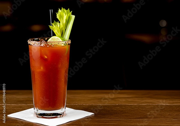 Fototapeta Bloody Mary in a glass with a stalk of celery.  blank copy space.